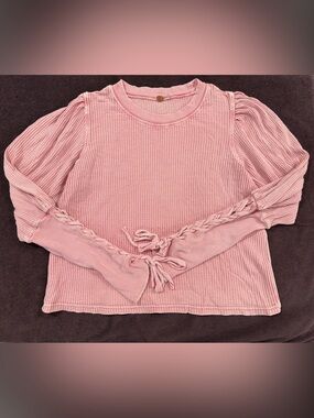 FP One Soft Pink Waffle Knit Long-Sleeve Top with Braided Sleeve Detail